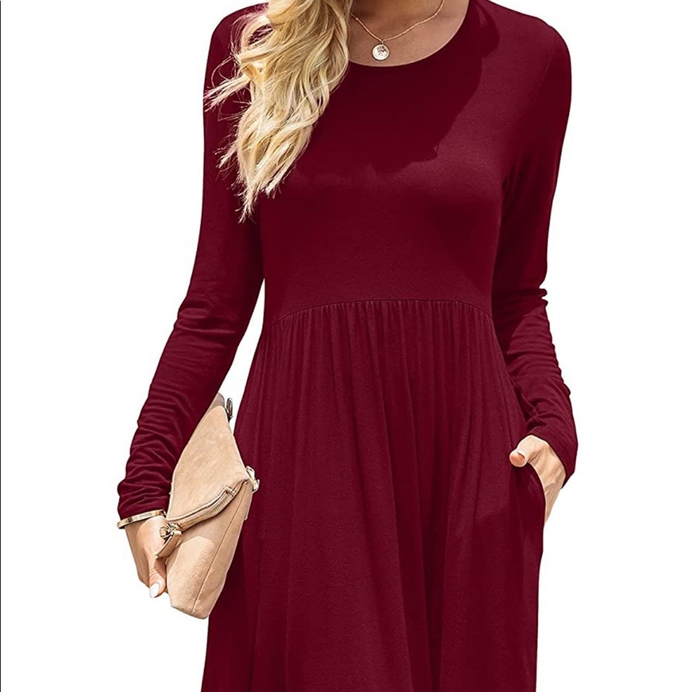 Women Casual Long Sleeve Dresses Empire Waist Loose Dress with Pockets -Wine Red